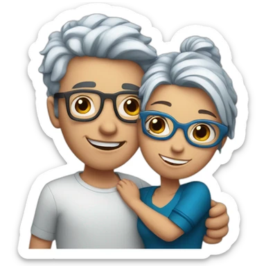 a boy with silver hair and a curvy girl with red hair and blue glasses hugging sticker
