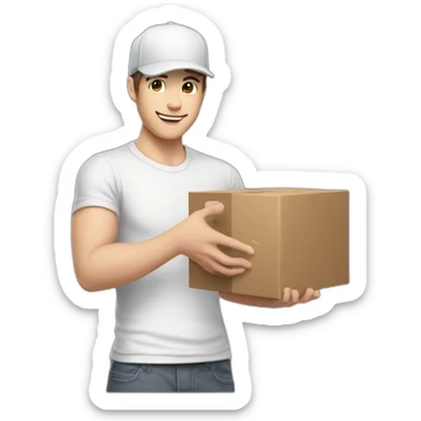 Pale skinned fit Man with dark brown hair in a white cap, gray jeans and gray polo T-shirt keeping a pasted box into his hands sticker