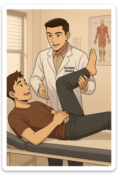 fai un webtoon manga a colori con questo stile, in cui un uomo è steso sul lettino medico e il kinesiologo con il camice bianco (fagli anche la scritta "ANTONIO ANANIA" SUL CAMICE, gli solleva una gamba per fargli il test neuromuscolare, IL KINESIOLOGO SPIEGA ALL'UOMO UNA cosa mentre gli alza la gamba. l'espressione dell'uomo è felice e soddisfatta, non fare i fumetti però, fai solo in modo che sembri stiano parlando, il lettino fai in modo che si veda tutto intero sticker