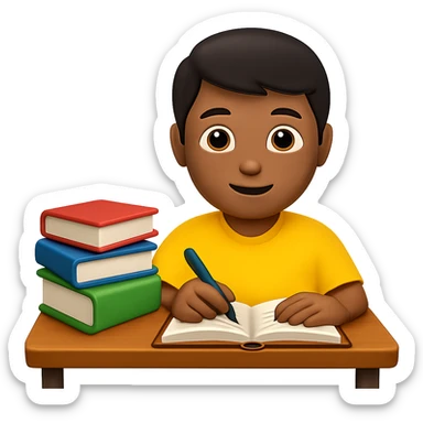 Edit the image to depict a student working at a desk with a stack of books on the desk in the style of apple emojis. Maintain the apple emoji style and add a stack of books on the desk clearly visible. sticker