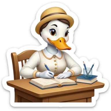 a female duck at a table writing a book sticker