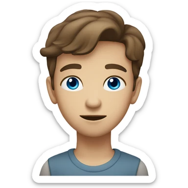 A light-skinned person with brown hair and blue eyes, in semi-profile, looking upward thoughtfully with one hand under their chin sticker