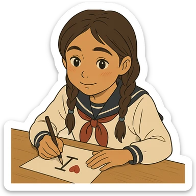 Kazakh girl in Korean school uniform, drawing a T with a heart on paper in ghibli style sticker