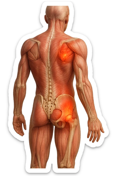 CORPO UMANO ANATOMICO A FIGURA INTERA REALISTICO DI SPALLE CON DOLORE ALLA LOMBARE INFIAMMATA, DOLORE ALL'ANCA, IPERREALISTICO 4K sticker