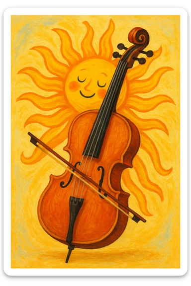A whimsical fusion of a violoncello and a bright summer sun, with cello body morphing into sun rays, cheerful and imaginative. sticker