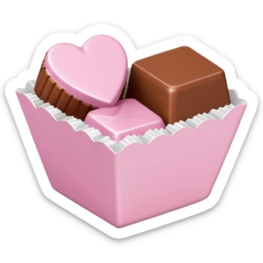 Two square milk chocolate pralines , sharp-edged glossy cubes placed diagonally side by side, each sitting in a small white fluted paper candy cup.
Flat thin pastel pink heart icing centered on top with fine sugar crystal sparkle, clean studio product lighting,  sticker
