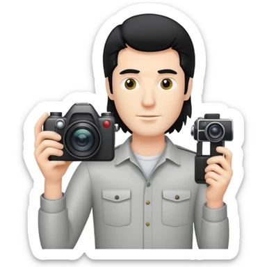 a white man with black mullet hair holding a foto camera sticker