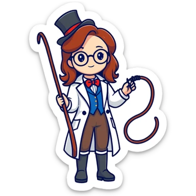 A long Auburn haired, beautiful girl with glasses as a scientist, being a circus ring leader sticker