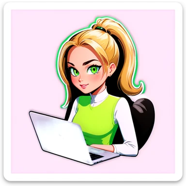 Blonde woman ponytail green eyes with cat and MacBook sticker