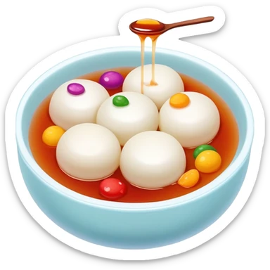 Sweet rice balls Tangyuan in syrup with colorful fillings, simplified emoji style with bold outlines and bright colors, cartoon style traditional Chinese dessert sticker