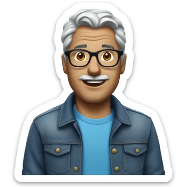 A Man Named David With grey hair, cool glasses, short blue t-shirt with a spiral printed on it, jeans, black shoes. sticker