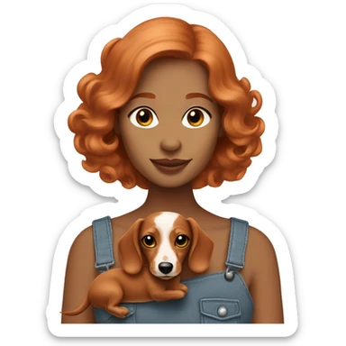 Redhead 👩🏼‍🦰 women with puppy longhair dachshund cream colours in front of her sticker