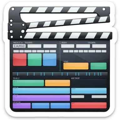 Create an emoji representing video editing. The design should feature a video editing software interface with a visible timeline, video clips, and audio tracks. Include elements like a film strip or a clapperboard to represent the filmmaking aspect. No smiley faces. Make the background transparent. sticker