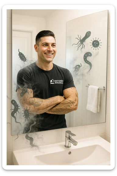 a man stands, looking relieved and revitalized as he examines his reflection in the mirror. In the foreground, stylized, shadowy images of parasites (such as worms or protozoa) are shown leaving his body, dissolving into mist or fading away. His posture is upright and his expression is one of newfound energy and health. sticker