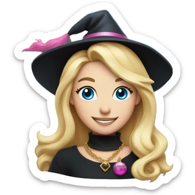 Blonde blue eyed witch smiling, wearing a gold necklace with pink pendant and a black and pink witch hat sticker