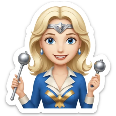 Blonde blue eyes Wonder Woman holding bell and short white orchestra conductor’s baton  sticker