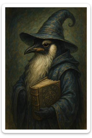 a wise penguin wizard with a long beard, holding an ancient book, fantasy illustration style sticker