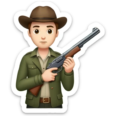 a man in the woods holding a gun sticker