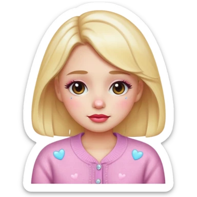 “Emoji girl, dewy skin, heavy blush across cheeks and nose bridge, glossy cherry lips, soft puppy eyeliner, teary sparkling eyes, pastel cardigan.” sticker