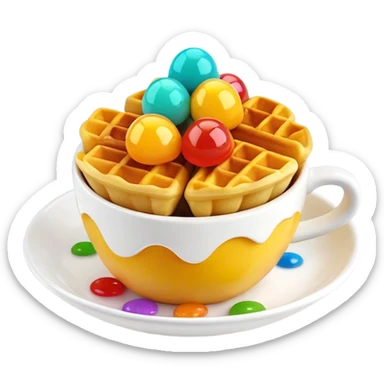 3D rendered mini Hong Kong egg waffles in a cup with colorful toppings, hyper-realistic bubbled texture, vibrant colors, glossy finish, detailed bubble pattern, playful presentation sticker
