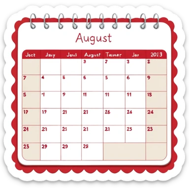 a monthly calendar labeled “August,” with rounded square date boxes, scalloped border frame, playful red doodle lines, and a cozy planner vibe. Minimal kawaii style, flat pastel color palette, slightly imperfect sketch lines, centered object, no background sticker
