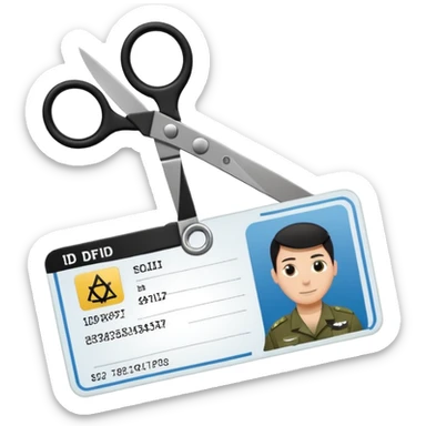 Floating black Scissors cutting in half an idf soldier ID card with a little chip in 2 parts sticker