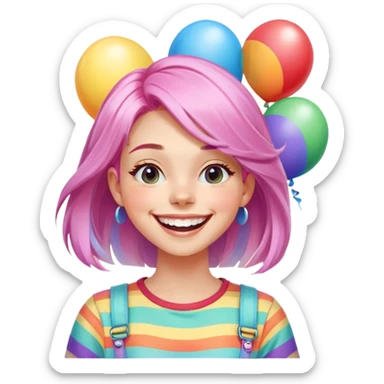 A close-up of a cheerful girl with soft, pastel-colored hair, wearing a colorful, trendy top and a wide grin. She has a playful expression, with a bright, cheerful background of rainbow-colored balloons sticker
