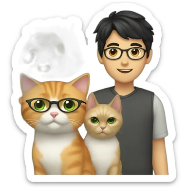 Boy with green eyes, glasses, with black short hair, with orange Persian cat sticker
