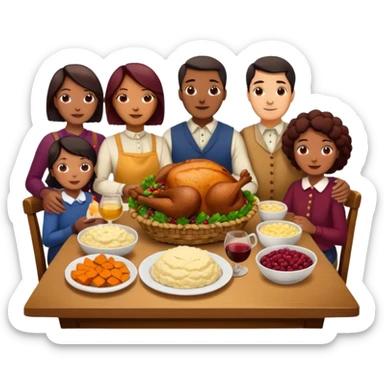 Thanksgiving Dinner with 10 people of different skin color around the table; have the food be a cooked turkey, mashed potatoes, corn, a basket of biscuits, a small bowl of cranberry sauce, baked yams, steamed vegetables, and a bottle of wine. sticker