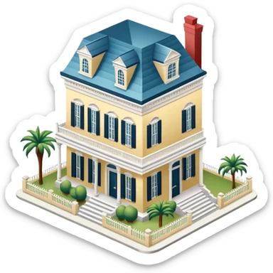 New Orleans mansion, isometric dollhouse-style, realistic sticker
