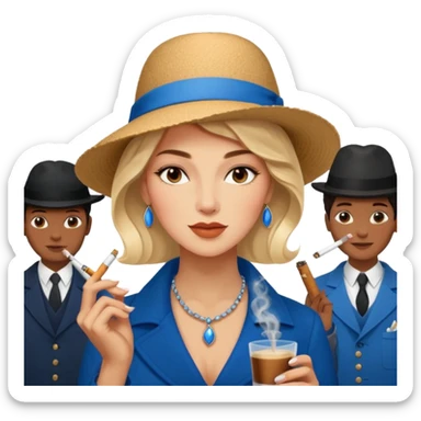 a woman with a slight smile smoking a cigarrette while holding a blue hardcover of Anna Karenina by Liev Tolsoi in a cafeteria full of queer people being nice and ordering specialty coffee from nigeria sticker