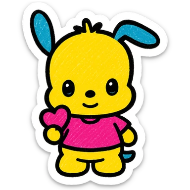 Sanrio Pochacco as a cute Popmart doll emoji, holding a tiny heart, glossy eyes, chibi proportions, sweet smile sticker