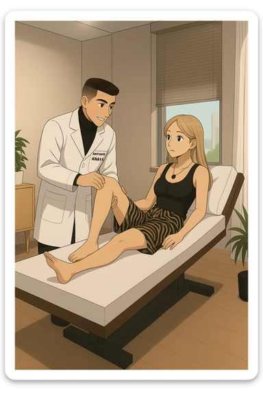 fai un webtoon/manga a colori con questo kinesiologo in camice bianco (fagli la scritta "ANTONIO ANANIA" SUL CAMICE) CHE SVOLGE UN TEST NEUROMUSCOLARE SOLLEVANDO UNA GAMBA ALLA RAGAZZA CHE è STESA SU UN LETTINO BIANCO. STANZA SEMPLICE E MODERNA, DURANTE IL TEST I DUE DIALOGANO TRA LORO. NON FARE I FUMETTI, FAI SOLO LORO COME SE DIALOGASSERO sticker