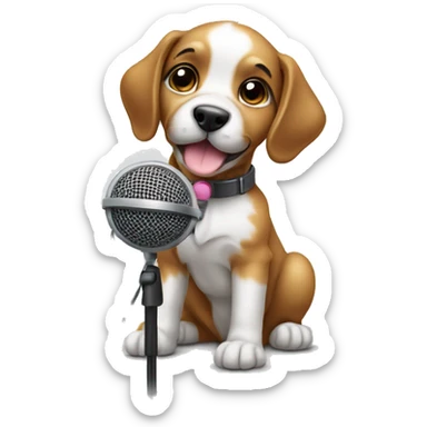 Baby dog in audio studio with microphone sticker