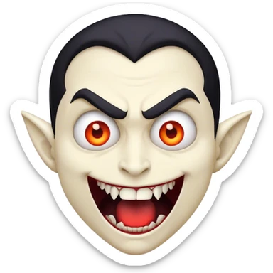 Cinematic Comical Vampire Portrait Emoji, with a sharply stylized, slightly caricatured pale face accented with exaggerated fangs and overly dramatic wide eyes filled with comic shock, head tilted in a hilariously startled pose, simplified yet amusingly detailed, glowing with a soft mysterious glow and a playful outline capturing the quirky humor of a vampire in disbelief! sticker