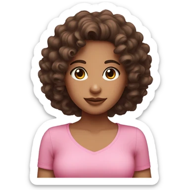 curly and wavy brunette girl with brown eyes and a pink top sticker
