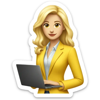 a beautiful blonde girl wearing a yellow suit jacket. she has a laptop in front of her sticker