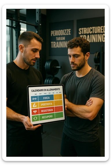 realistic cinematic photo a personal trainer and a client stand in a modern gym, reviewing a large, color-coded training calendario or chart on a tablet. The calendario shows different phases (Forza, Ipertrofia, Resistenza, Recupero) with icons and dates. Around them, gym equipment and motivational posters reinforce the idea of structured, periodized training. in italiano sticker