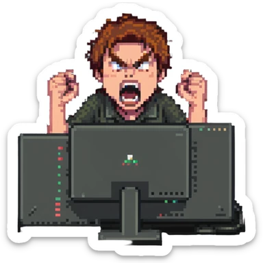 A person working on a computer and yelling angrily, representing a Yandex Market employee working and shouting at customers sticker