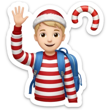 A boy waving a candy cane happily, backpack bouncing as he moves. sticker