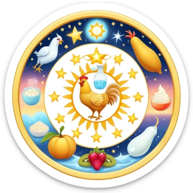 Magical daily fitness nutrition schedule with ethereal water bottle, celestial sun, enchanted chicken and rice plate, mystical gym equipment, glowing yogurt, sparkling fruits, and dreamy sleep symbol, all arranged in a cosmic circle with starry aura sticker