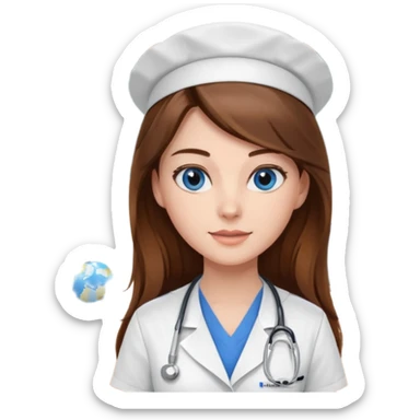 pretty female nursing student with long brown hair, blue eyes inside a classroom at university sticker