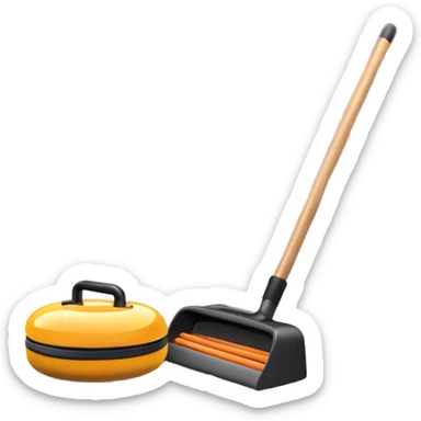 An icon featuring a curling stone in the foreground on an ice sheet with marked target circles. A curling broom rests nearby. In the background, a grand indoor stadium with bright lights and cheering fans. The ice reflects the vibrant colors of the surroundings. Transparent background. sticker