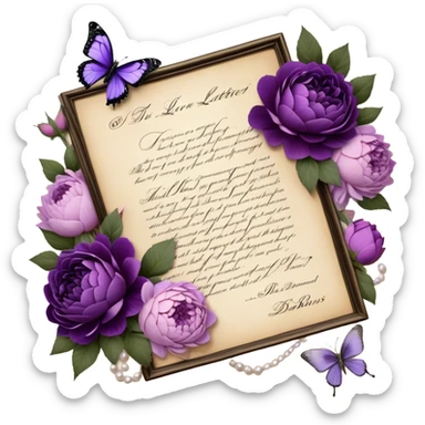 An antique love letter bundle, bound delicately with a purple silk ribbon, rests beside an arrangement of dried blush violet roses, lilac peonies, and soft purple dahlias, while a silver butterfly brooch adorned with pearls seems to pause, captivated by the deep violet inked calligraphy flowing across the aged parchment. sticker