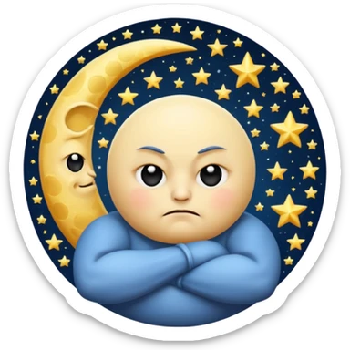 grumpy moon with arms crossed and stars orbiting sticker