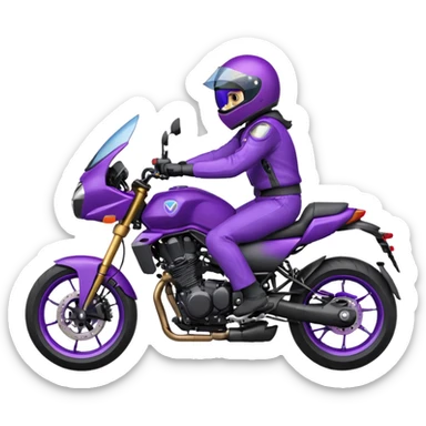 Créer un emoji avec une moto mt07 sport noir mate / violet iridescent très foncé, pare-brise de la moto violet. Avec une pilote dessus, visage masqué par la visière violette . Avec en arrière plan cercle violet. sticker