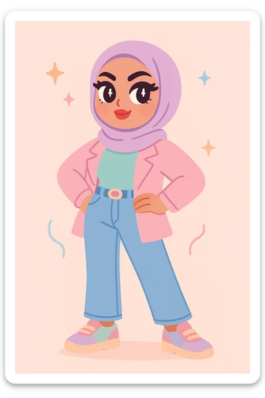 baddie hijabi, confident pose, bold makeup, trendy outfit, stylish hijab, modern fashion, attitude, vibrant colors sticker