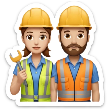me haces una mujer pelo marron y un hombre con barba , que ambos esten vestidos como constructores de obra que sean blancos de piel  sticker