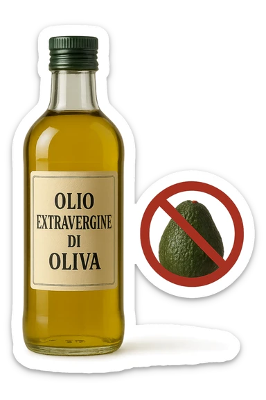 BOTTIGLIA DI OLIO EVO CON LA SCRITTA "OLIO EXTRAVERGINE DI OLIVA" SULL'ETICHETTA E AVOCADO CON DIVIETO SOPRA,  iperrealistico 4k sticker