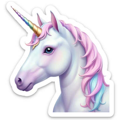 Beautiful and Majestic Unicorn Pony Portrait Emoji, Head and body radiating gentle magic with a soft pastel color, a delicately sparkling horn and eyes gently closed in peaceful wonder, Simplified yet exquisitely endearing features, highly detailed, glowing with a soft, ethereal light, high shine, serene and utterly majestic, stylized with an air of fairy-tale regality, soft glowing outline, capturing the essence of a beautiful and majestic unicorn pony that embodies the enchanting spirit of a dream! sticker